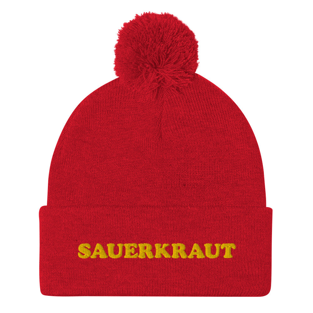 Funny red and yellow sauerkraut beanie - This sauerkraut beanie is a comfortable and funny hat for foodies. If you like weird beanies or you love sauerkraut, this funky food hat is just for you. Give it as a weird gift for foodies or sauerkraut enthusiasts. Stay funky in this classic funny food beanie with a pom pom on top a unique and funky yellow embroidery.