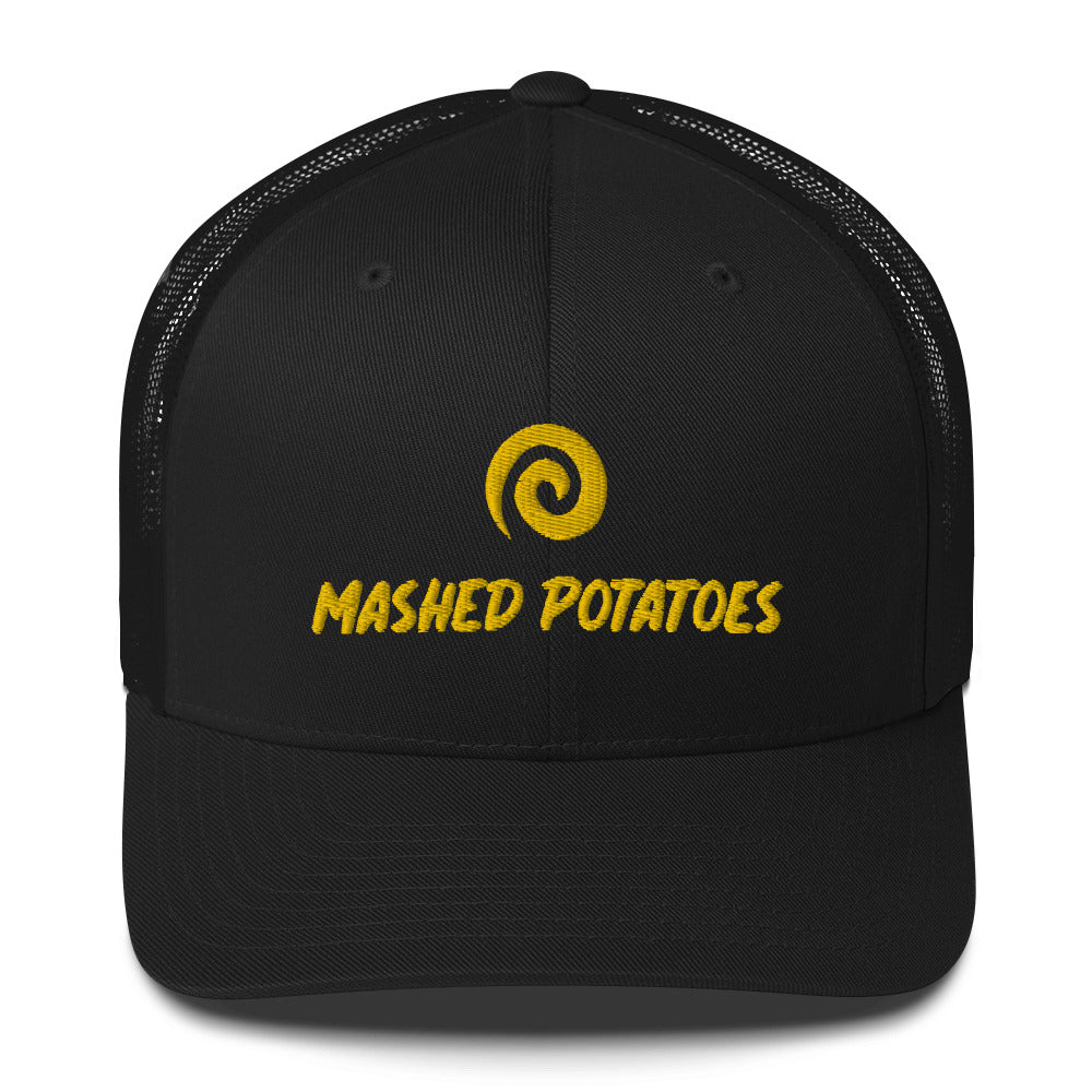 Black trucker hat for potato lovers - Eat mashed potatoes in style with this funny foodie hat. It's a classic unisex trucker hat for everyday that's embroidered just for you. If you love mashed potatoes, wear this weird hat and make a statement.. Celebrate your favorite foods or give this foodie hat as a gift to the mashed potato enthusiast in your life.