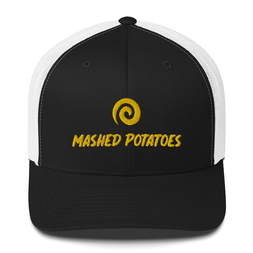 Black and white foodie trucker hat for mashed potato lovers - Eat mashed potatoes in style with this funny foodie hat. It's a classic unisex trucker hat for everyday that's embroidered just for you. If you love mashed potatoes, wear this weird hat and make a statement.. Celebrate your favorite foods or give this foodie hat as a gift to the mashed potato enthusiast in your life.