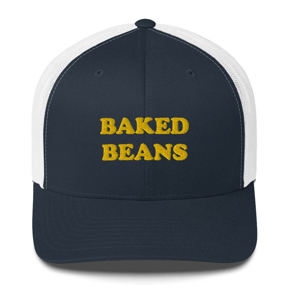 Do you like baked beans? This baked beans tracker hat is for you. This baked beans trucker cap with a mesh back is a comfortable and classic hat for everyday. It's a unique and weird hat and a funny food embroidery. Celebrate your favorite foods in our funky foodie hats, weird artsy t-shirts, funny vegan hoodies and more.