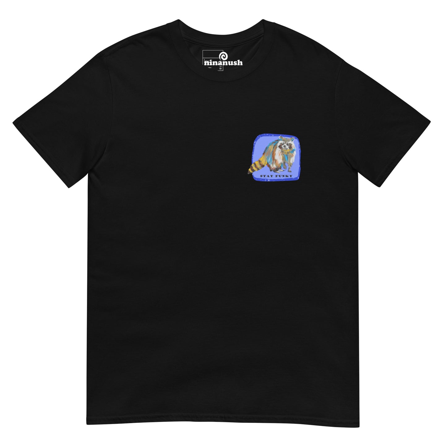 "Stay Funky" t-shirt with a colorful, hand drawn raccoon. This unique raccoon t-shirt is funky and original with a large raccoon print on the back. The multicolor raccoon tshirt is a funky shirt for animal lovers. Shop more weird raccoon shirts, funny vegan foodie hats, funky and unique graphic t-shirts, hoodies and more.