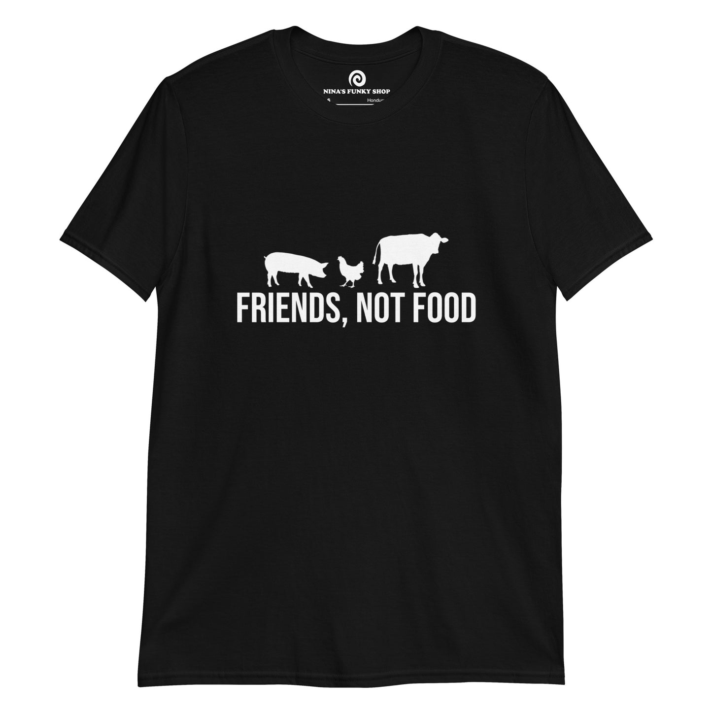 Black friends, not food t-shirt with a pig, chicken, and cow - Animals are friends, not food. This ethical vegan t-shirt is a soft and comfortable tee with a meaningful vegan quote. It's an eco friendly t-shirt and a unique gift for for ethical vegans and vegetarians. If you are vegan for the animals, this t-shirt is just what you need. Stay kind and stand up for our silent friends.