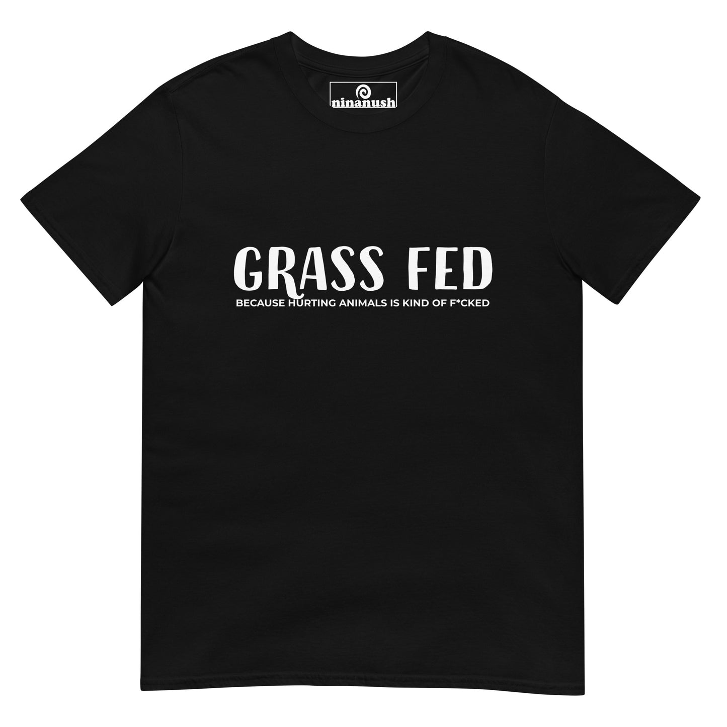 Black grass fed vegan for the animals t-shirt - Funny vegan activist t-shirt for vegan foodies who love animals. This ethical vegan t-shirt is just what every plant based foodie needs. It's a classic t-shirt with a funny vegan saying that's meaningful too. Make a vegan statement in a unique vegan for the animals t-shirt or give it as a gift for ethical vegans.