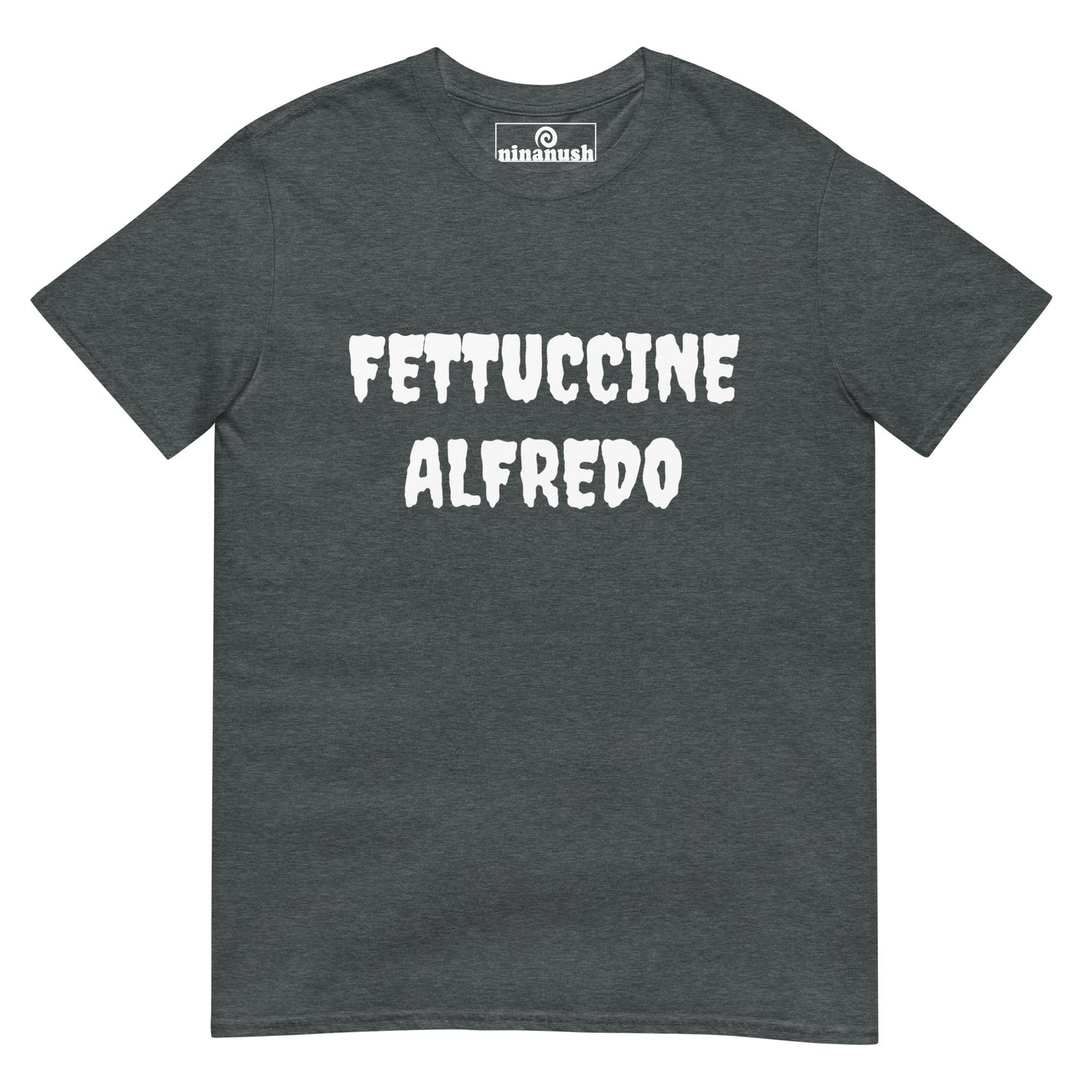 Gray fettuccine Alfredo t-shirt - This fettuccine Alfredo lover t-shirt is soft, comfortable, and just a little weird. It's a funny food t-shirt that's a must-have shirt for foodies and fettuccine Alfredo enthusiasts. Eat fettuccine Alfredo in style or give it as a weird gift for food lovers. Celebrate your favorite foods in our funky foodie clothing.