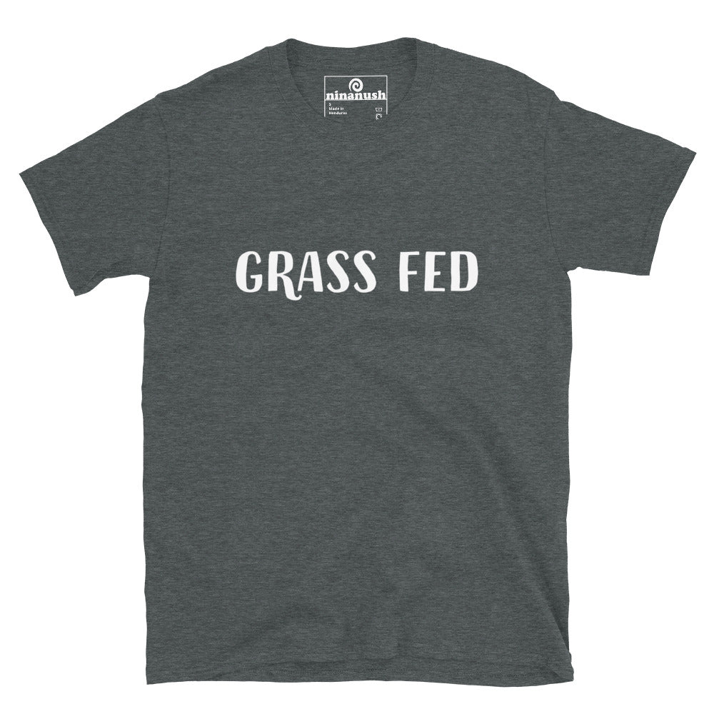 Gray grass fed t-shirt for vegans and vegetarians - This grass fed t-shirt is soft, comfortable and made just for you. It's a funny vegan foodie t-shirt that makes a statement about being vegan in style. It's a classic shirt with a cute plant based saying on the front. Wear the grass fed shirt on your next plant based adventure or give it as a funny gift for vegans.