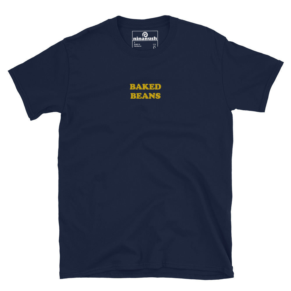 This funky baked beans t-shirt is a funny foodie t-shirt. Stay weird with "BAKED BEANS" on the front of a black tee. Our original funny designs are unique & eco-friendly. Need a weird gift idea? Shop weird hats, funny beanies, quirky foodie tees, and more... like our baked beans beanie and other weird foodie clothing.