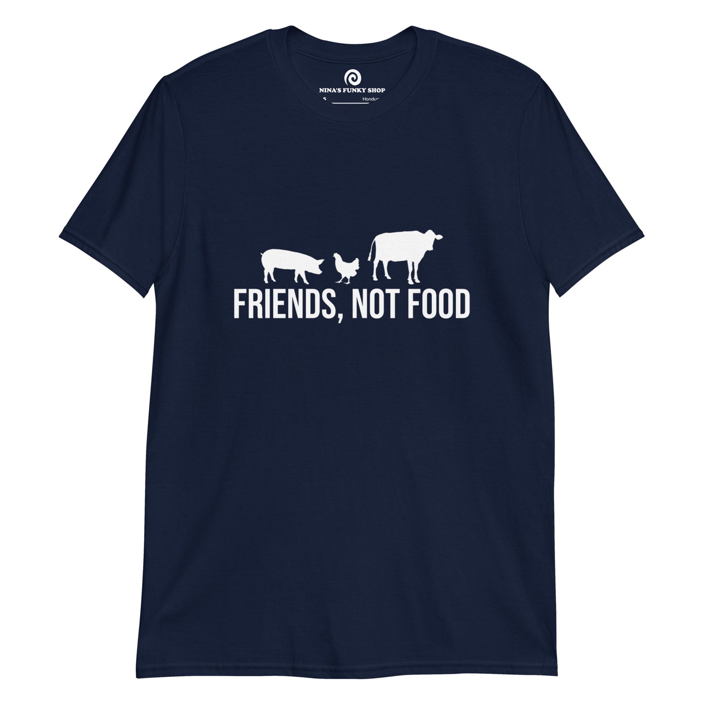 Navy blue friends not food t-shirt with a pig, chicken and cow - Animals are friends, not food. This ethical vegan t-shirt is a soft and comfortable tee with a meaningful vegan quote. It's an eco friendly t-shirt and a unique gift for for ethical vegans and vegetarians. If you are vegan for the animals, this t-shirt is just what you need. Stay kind and stand up for our silent friends.
