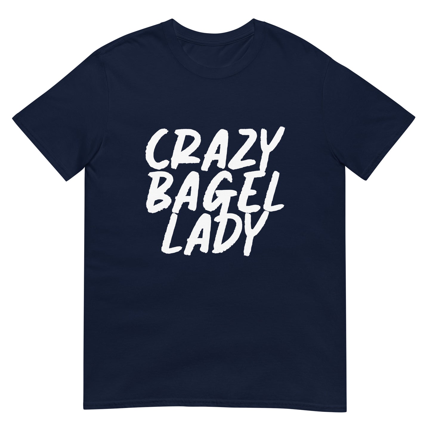 Navy blue unisex crazy bagel lady t-shirt for foodies and bagel addicts - Are you a crazy bagel lady? Stay funky in this crazy bagel lady t-shirt for bagel enthusiasts. Eat bagels in this funny bagel lover t-shirt with bagel saying. Be yourself and eat all of your favorite bagels in style or give the t-shirt as a funny gift for bagel lovers, bagel babes, crazy bagel lovers and weird foodies.