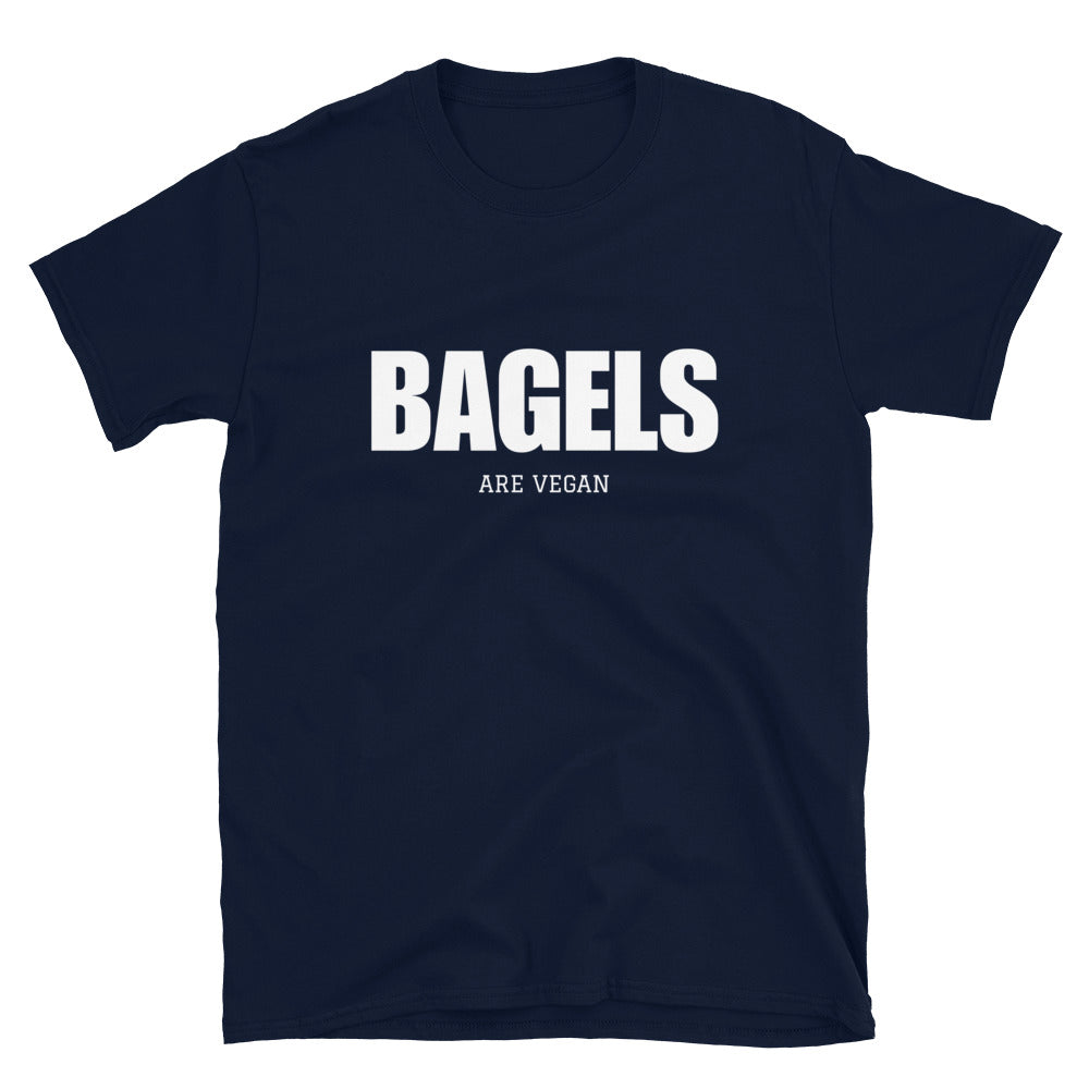 Navy blue vegan foodie t-shirt for plant based bagel lovers - This bagels are vegan T-shirt is soft and comfortable with a vegan-friendly design. Did you know that bagels are naturally vegan? Eat your next bagel sandwich and make a clear statement with this vegan activist t-shirt. Celebrate the foods that are inherently vegan in our funny and unique vegan foodie apparel.