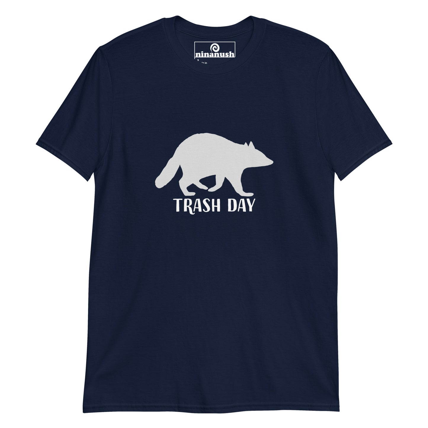 Navy blue raccoon t-shirt about trash - This unisex "trash day" funny raccoon t-shirt is soft, comfortable and made just for you. Its a unique raccoon lover graphic tee with a silhouette of a raccoon on it's favorite day. This raccoon saying t-shirt is cute, funny and just a little weird. A weird t-shirt for everyday and the best gift for raccoon lovers.