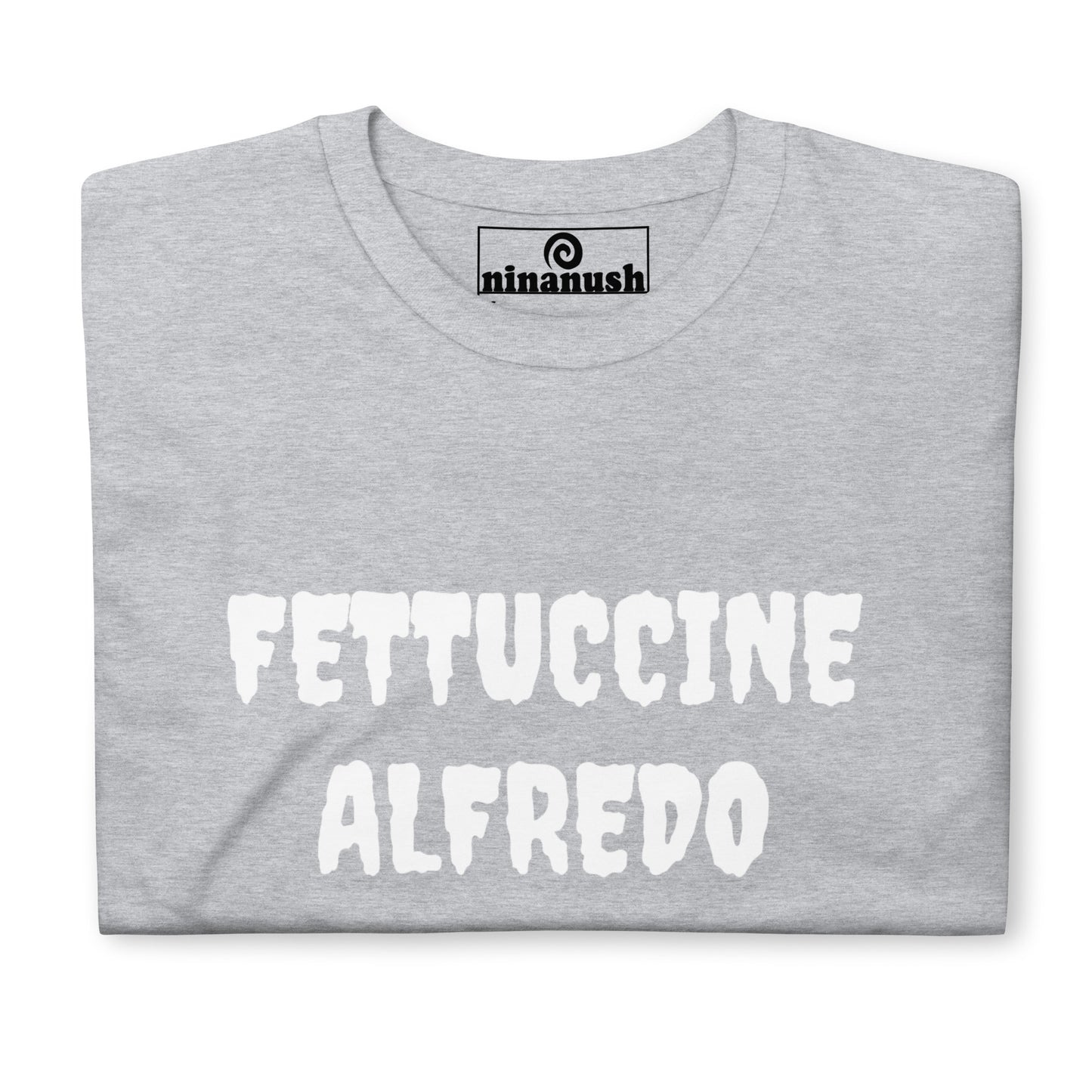 Funny food t-shirt for fettuccine Alfredo lovers in light gray and white - This fettuccine Alfredo lover t-shirt is soft, comfortable, and just a little weird. It's a funny food t-shirt that's a must-have shirt for foodies and fettuccine Alfredo enthusiasts. Eat fettuccine Alfredo in style or give it as a weird gift for food lovers. Celebrate your favorite foods in our funky foodie clothing.