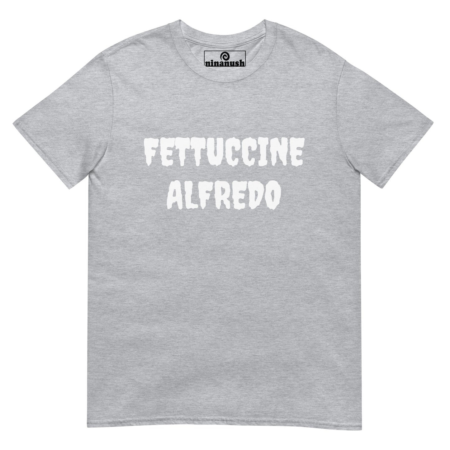 Light gray fettuccine Alfredo t-shirt - This fettuccine Alfredo lover t-shirt is soft, comfortable, and just a little weird. It's a funny food t-shirt that's a must-have shirt for foodies and fettuccine Alfredo enthusiasts. Eat fettuccine Alfredo in style or give it as a weird gift for food lovers. Celebrate your favorite foods in our funky foodie clothing.