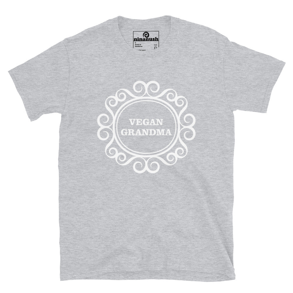 Light gray funny vegan grandma t-shirt - This vegan grandpa t-shirt is the best funny shirt for vegans of all kinds. It's a soft and comfortable shirt your you or your grandpa. Make a statement in a weird vegan t-shirt. Wear it as vegan activist streetwear or give it as a funny gift for vegan friends or family. Made just for you and your vegan grandparents.