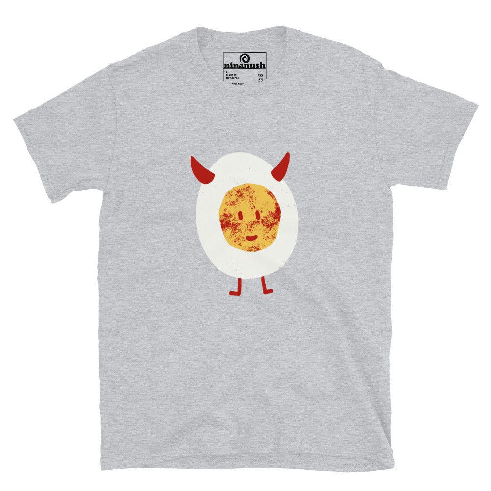 Light gray funny deviled egg t-shirt - This cute deviled egg t-shirt is a funny foodie t-shirt with a funky design for deviled egg lovers. Eat deviled eggs in style in this cute food cartoon graphic tee. It's a colorful, weird t-shirt and the perfect funny gift for foodies and egg lovers. Celebrate your favorite foods in our funky foodie clothing and accessories.