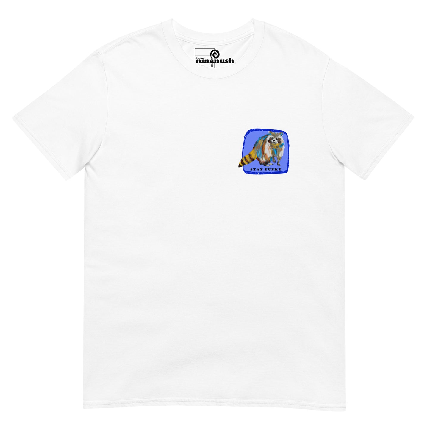 "Stay Funky" t-shirt with a colorful, hand drawn raccoon. This unique raccoon t-shirt is funky and original with a large raccoon print on the back. The multicolor raccoon tshirt is a funky shirt for animal lovers. Shop more weird raccoon shirts, funny vegan foodie hats, funky and unique graphic t-shirts, hoodies and more.