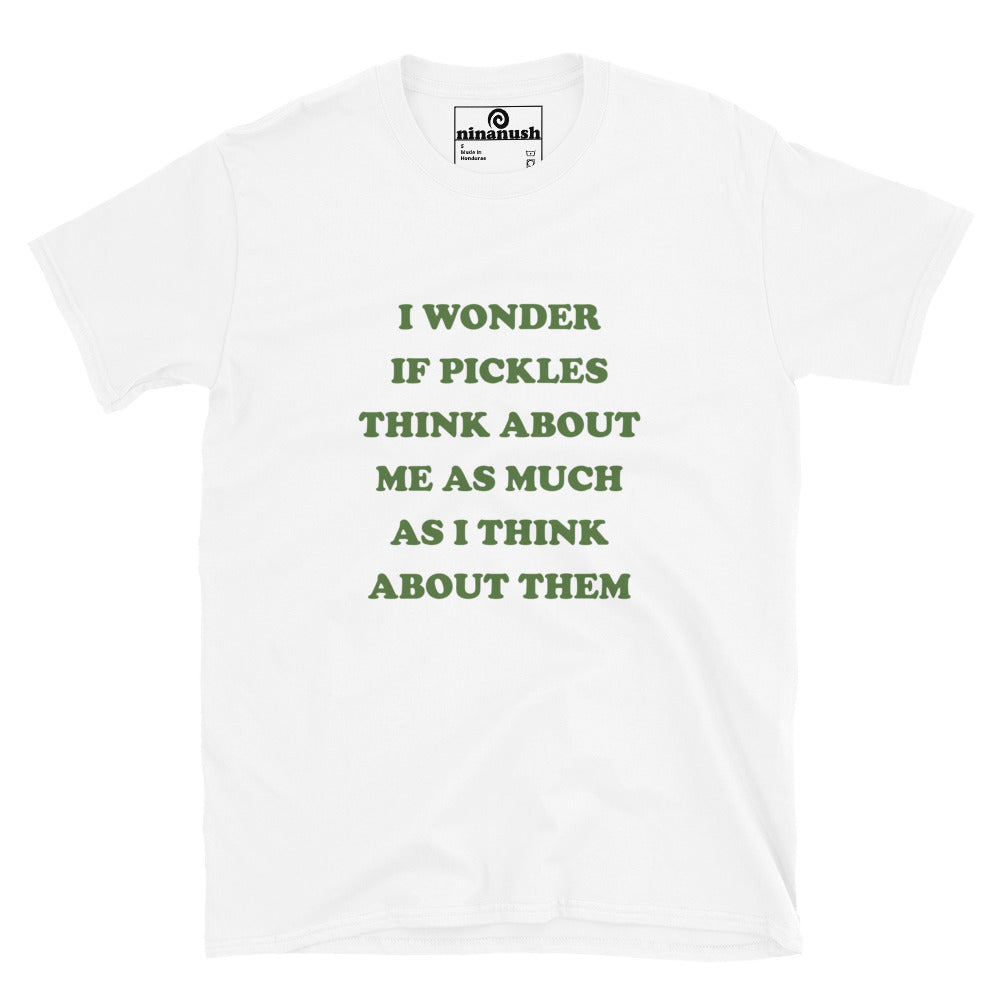 White and green t-shirt with funny quote about pickles - I wonder if pickles think about me as much as I think about them. Eat pickles in style in this funny pickles t-shirt or give it as a unique gift for pickle lovers. It's a classic t-shirt with a quirky, funny quote about pickles. Make a statement and celebrate your favorite pickles in our funky foodie clothing and accessories.