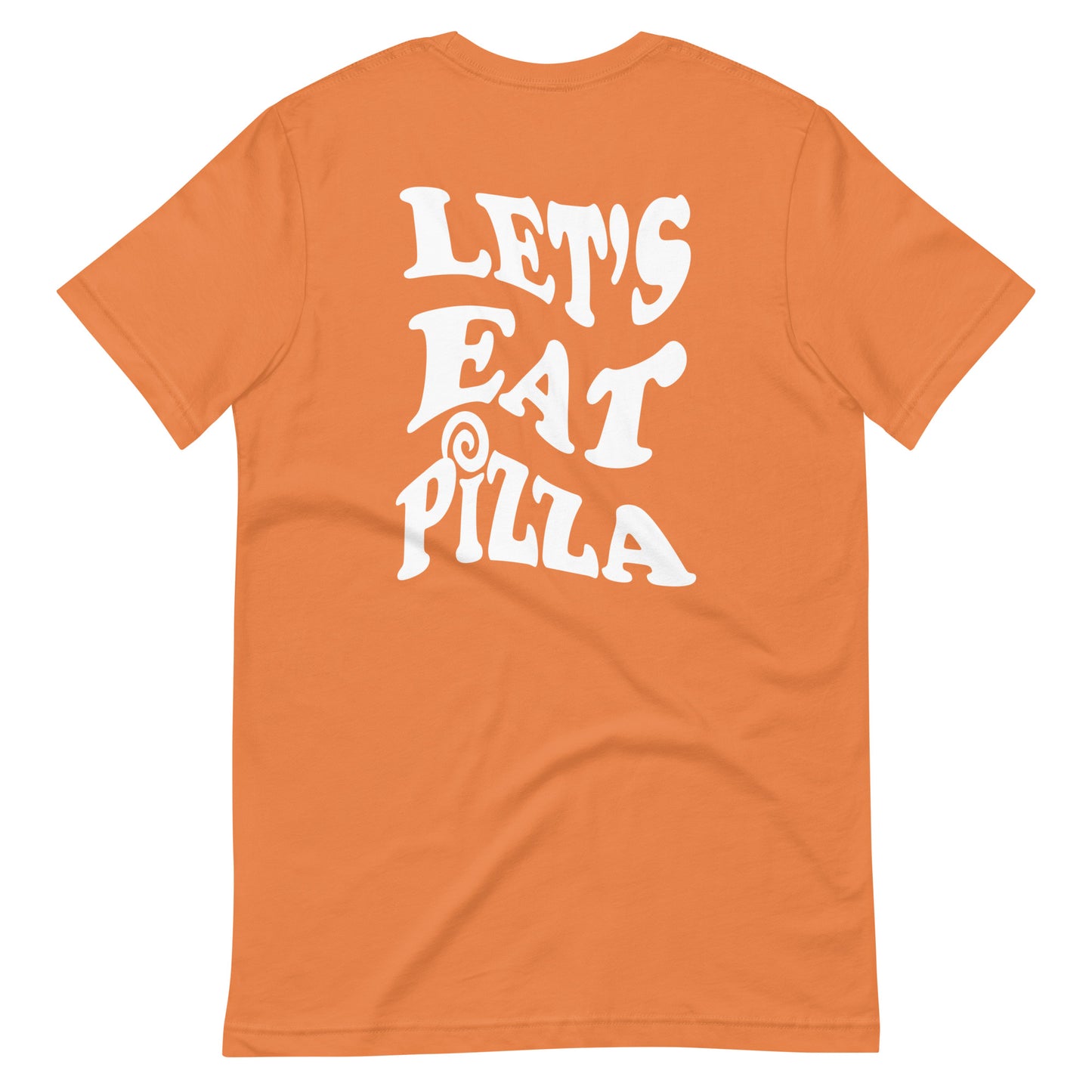 Orange funky t-shirt for pizza lovers - This Let's Eat Pizza T-shirt is perfect for foodies and pizza-lovers of all ages! It's a unique pizza t-shirt with a foodie message, perfect for expressing your true love of pizza. Show your love of pizza in style or give this t-shirt as a cute gift for foodies and pizza lovers. It's a funny foodie pizza graphic tee.