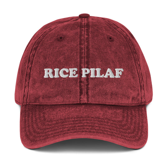 Red vintage dad hat for rice pilaf lovers - This rice pilaf dad hat is the perfect foodie accessory for every day. The vintage-style hat is unique and weird, making it a funny gift for foodies, ideal for the rice lover in your life. The adjustable back ensures the perfect fit and is great for everyday style. Wear it, love it, and make a statement in this foodie hat.
