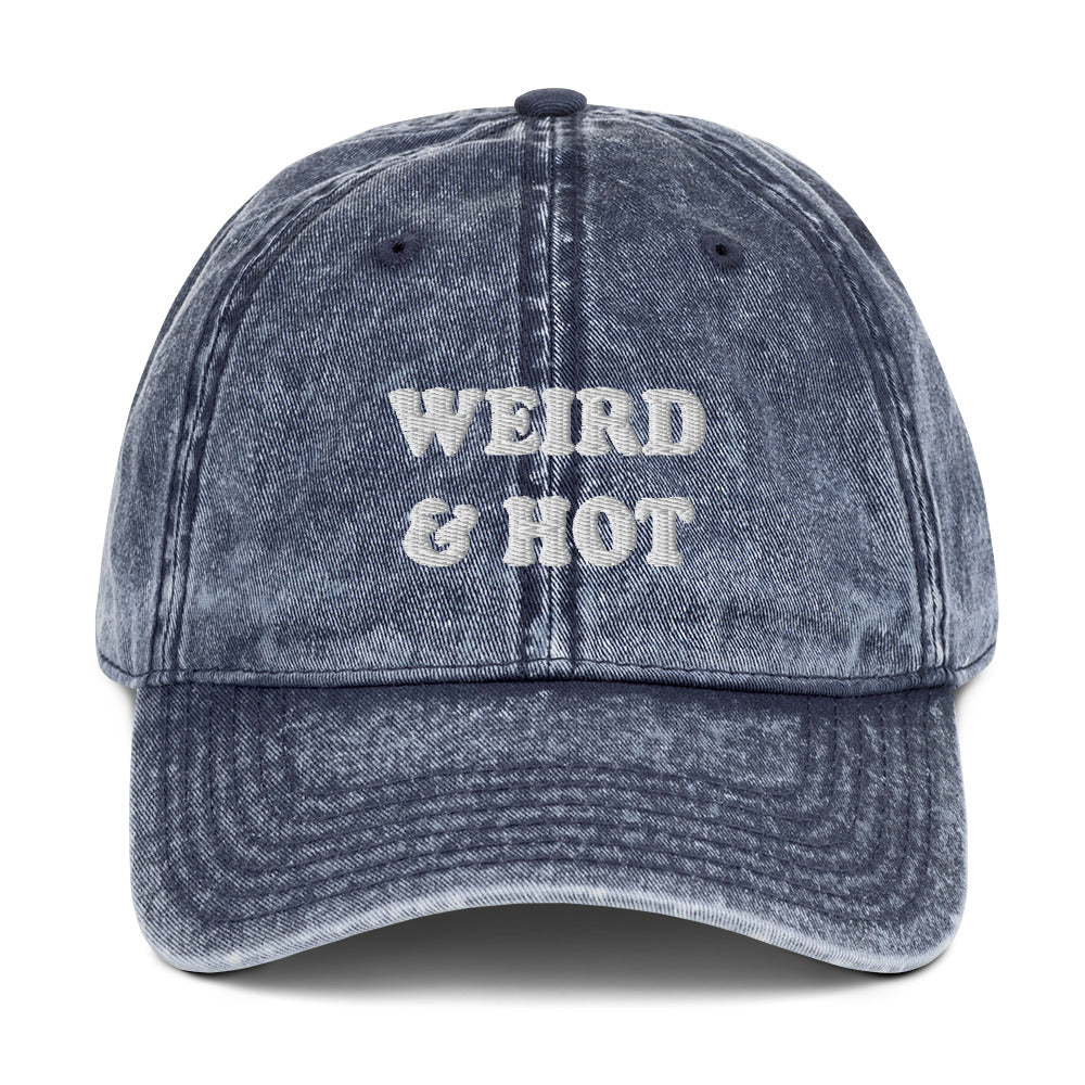 Vintage blue dad hat with weird and hot embroidery - A funky weird and hot dad hat that's made just for you. This trendy retro-style dad hat is a must-have for everyday funky street style. Crafted from quality materials and a featuring a classic fit, and vintage aesthetic, this funny dad hat is favorite everyday accessory or a funny gift for your weird and hot friends.