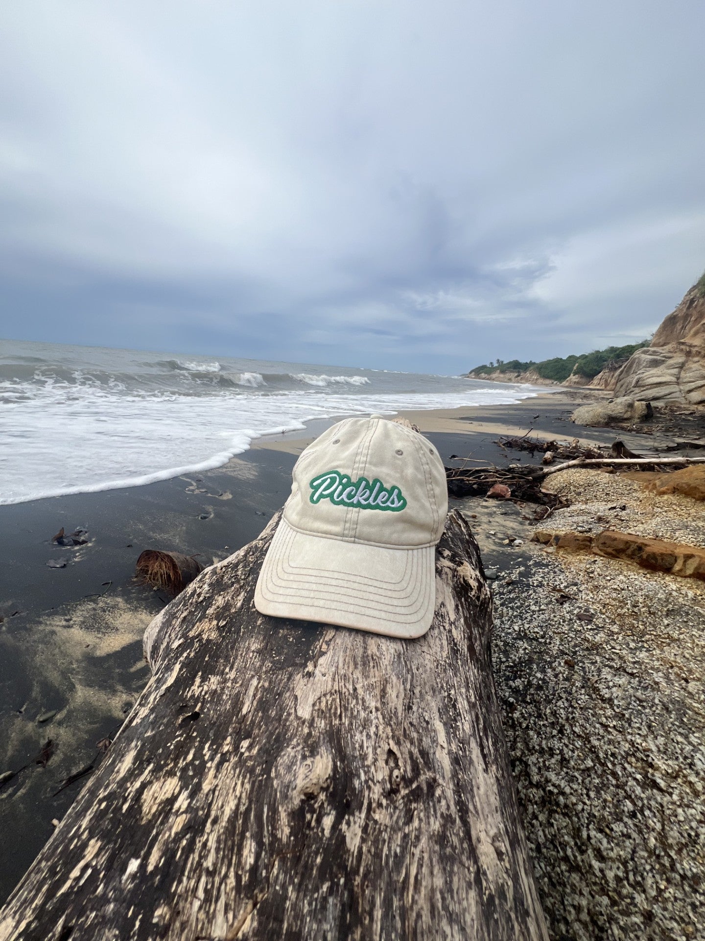 Beige cap with 'Pickles' logo on a log by the beach