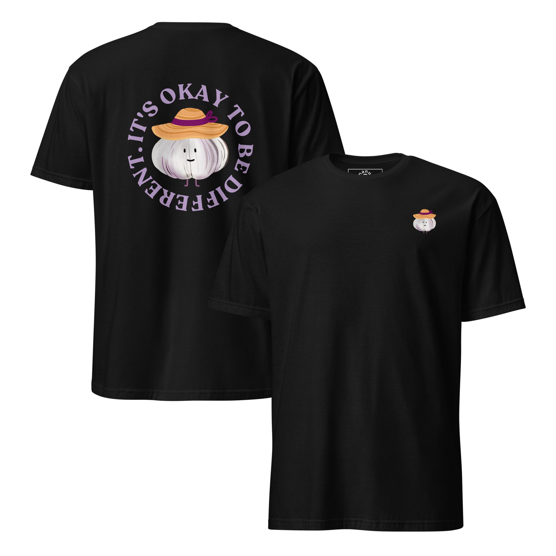 Black It's Okay to Be Different T-Shirt with cute garlic character with a sun hat