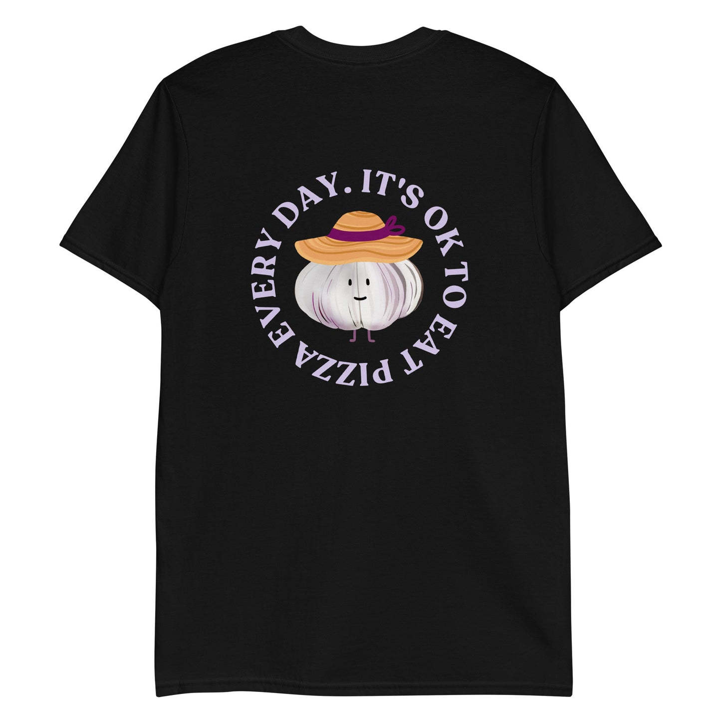 Black foodie t-shirt with garlic character wearing a sun hat and a pizza saying.
