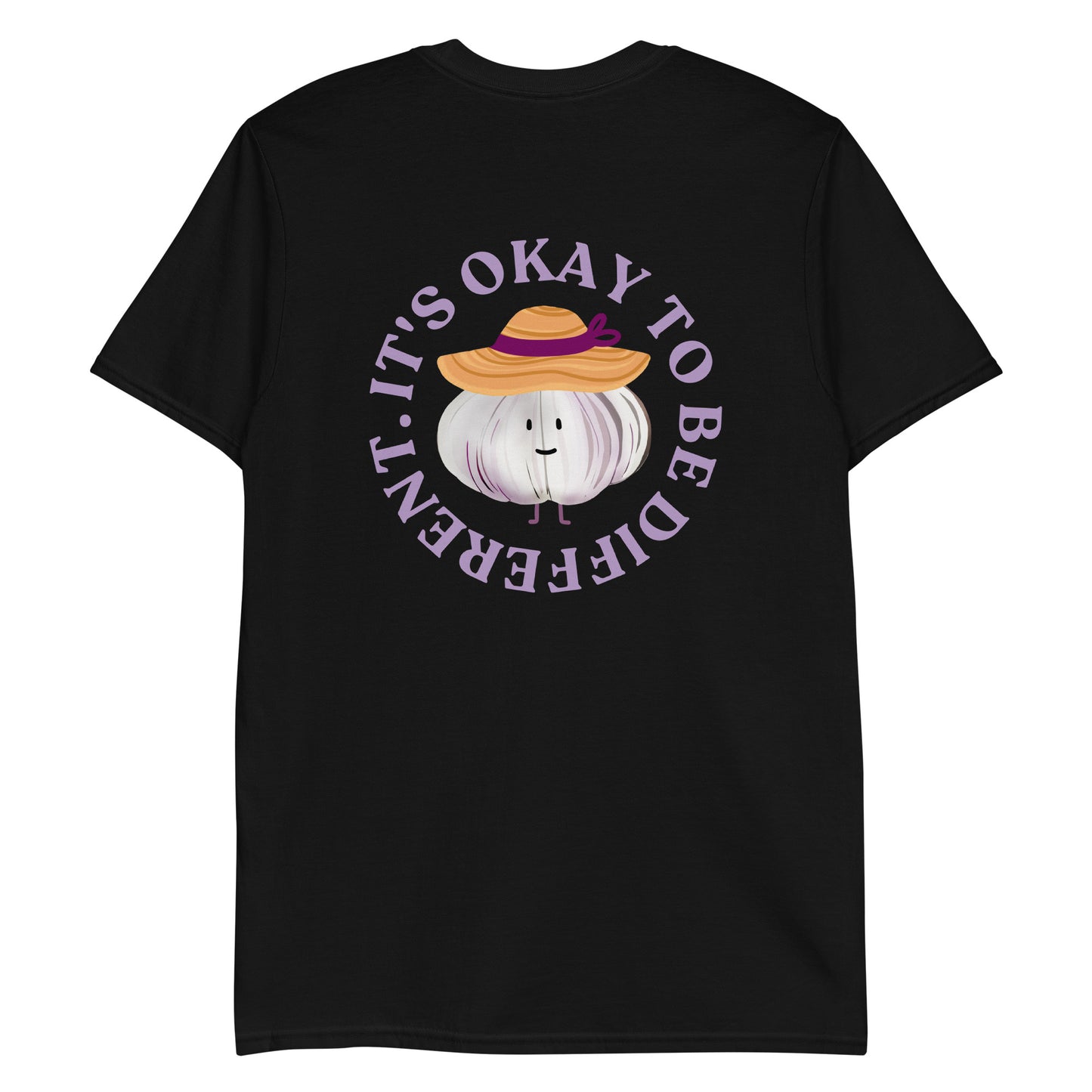Black It's Okay to Be Different T-Shirt with cute garlic character with a sun hat