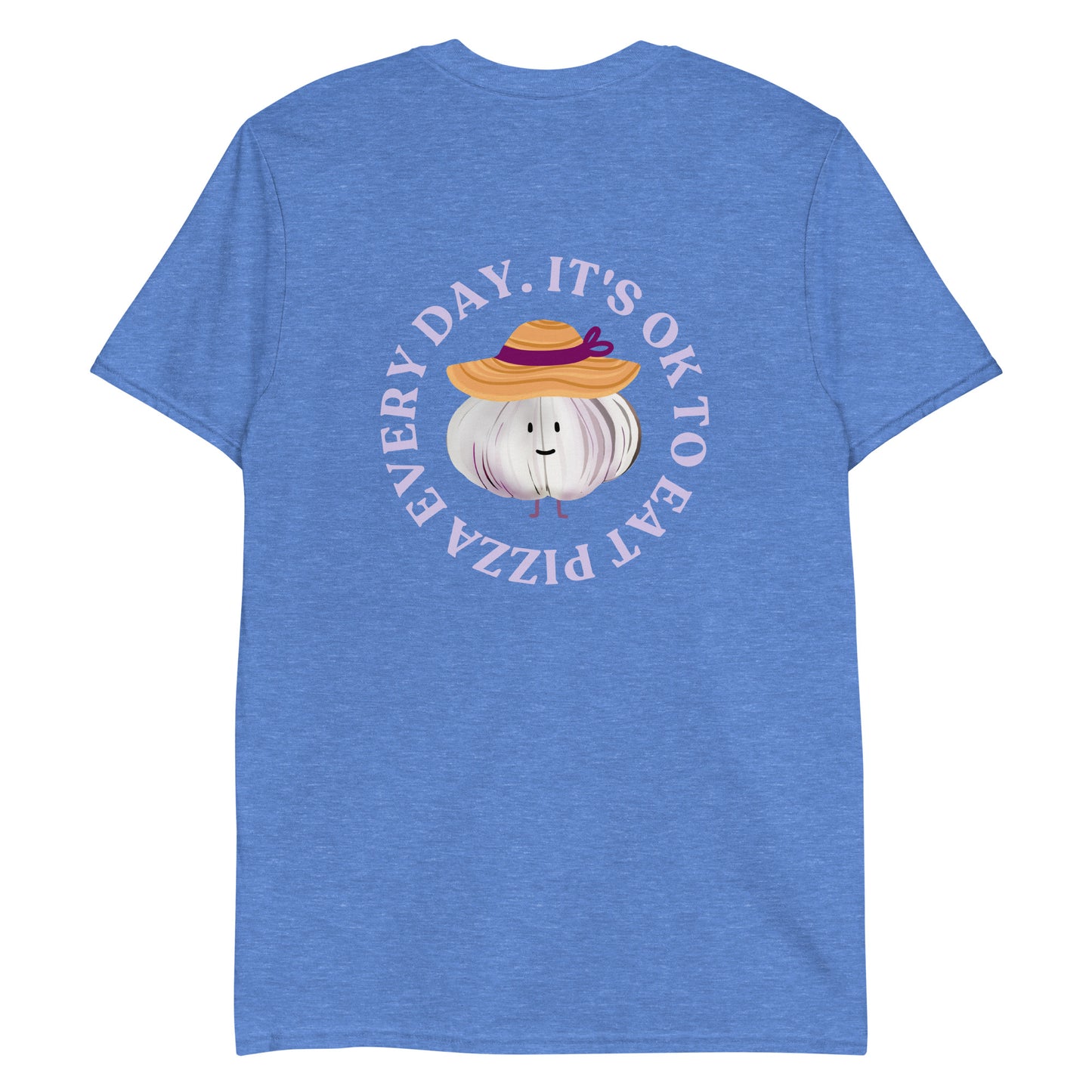 Blue foodie t-shirt with garlic character wearing a sun hat and a pizza saying.