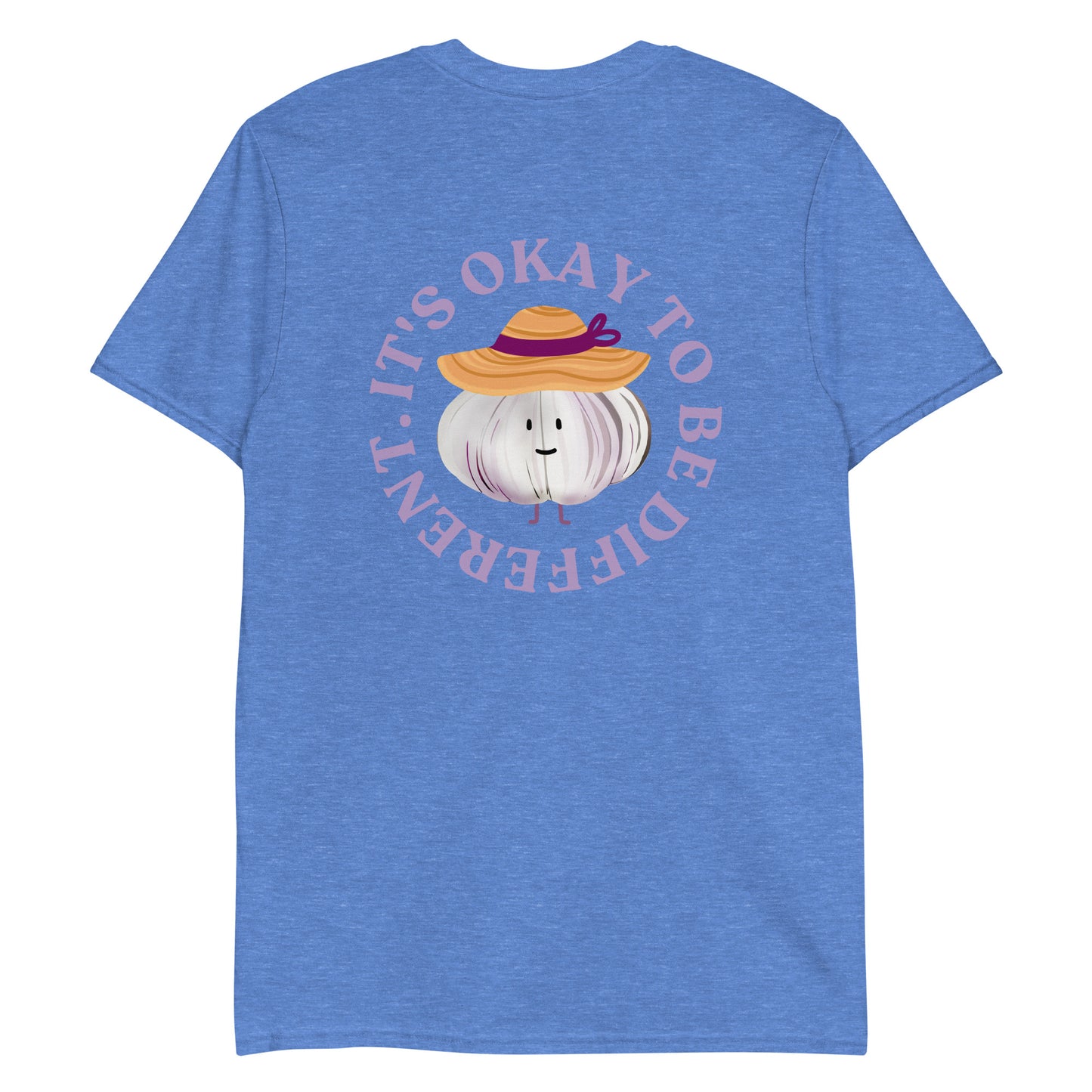 Blue It's Okay to Be Different T-Shirt with cute garlic character with a sun hat