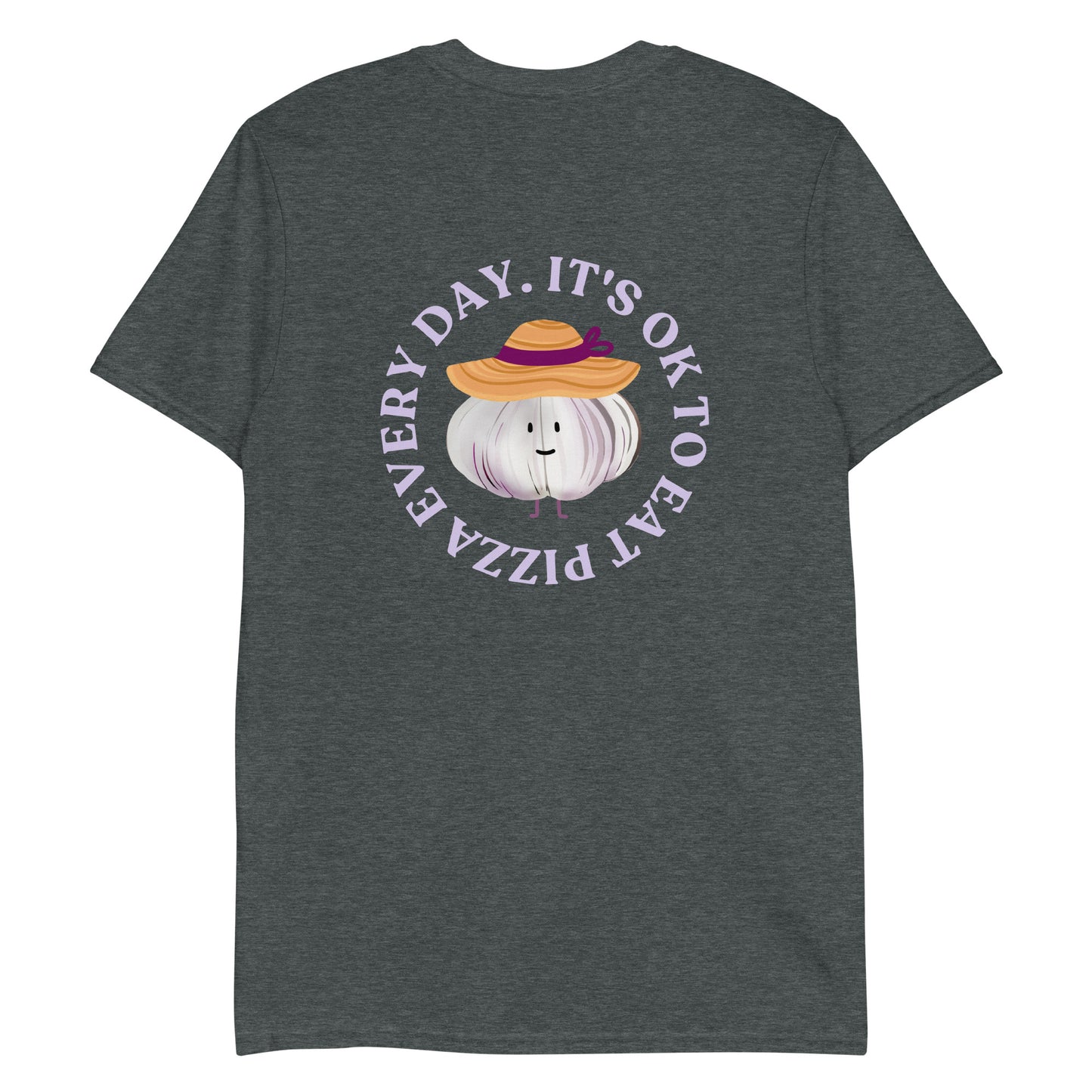 Dark Gray foodie t-shirt with garlic character wearing a sun hat and a pizza saying.