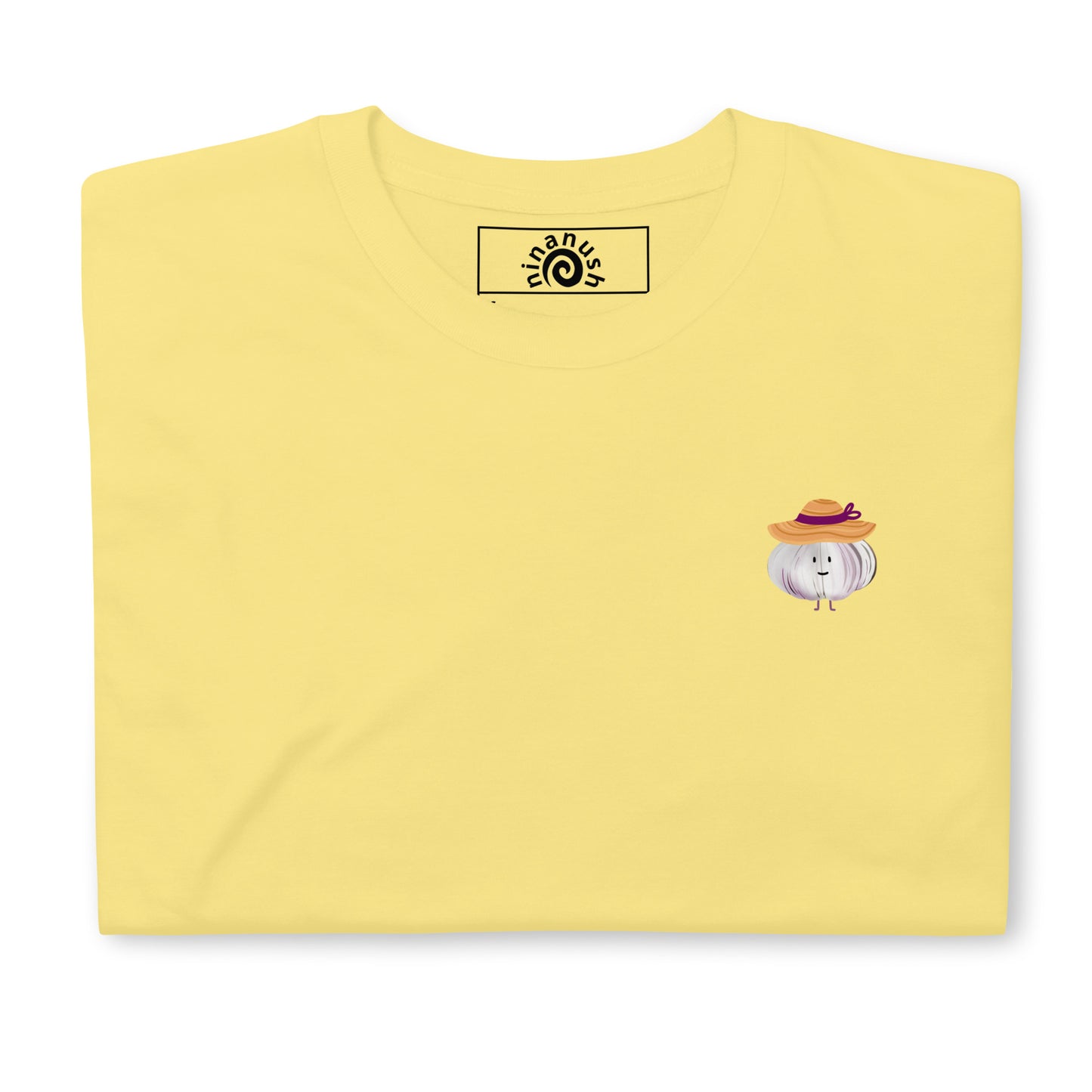 Front of yellow It's Okay to Be Different T-Shirt with cute garlic character with a sun hat