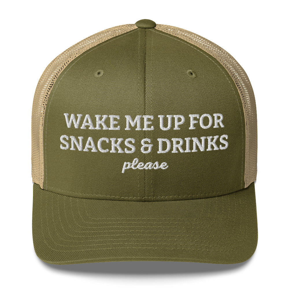 Green and Khaki - Wake me up for snacks and drinks please trucker hat