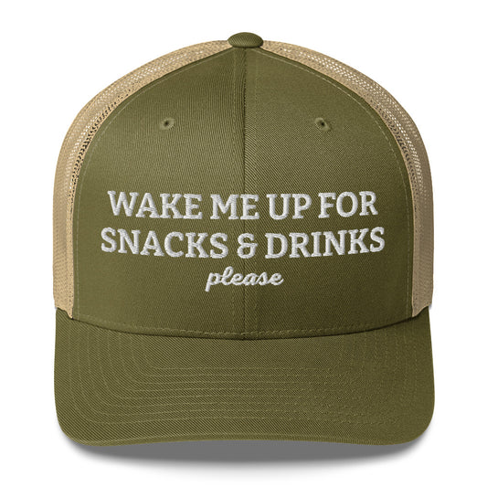 Green and Khaki - Wake me up for snacks and drinks please trucker hat
