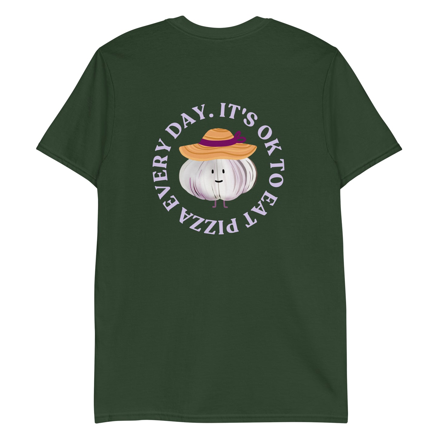 Green foodie t-shirt with garlic character wearing a sun hat and a pizza saying.