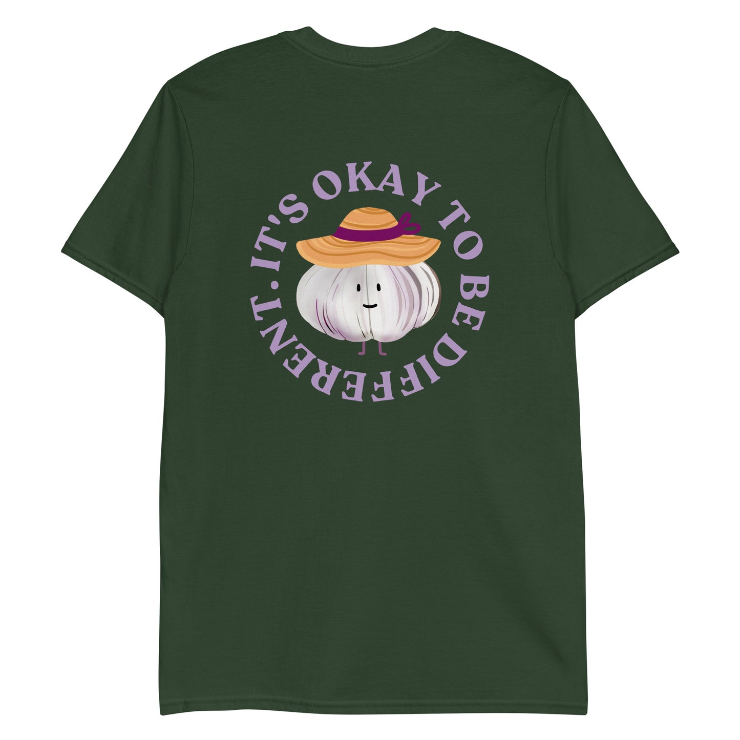 Green It's Okay to Be Different T-Shirt with cute garlic character with a sun hat