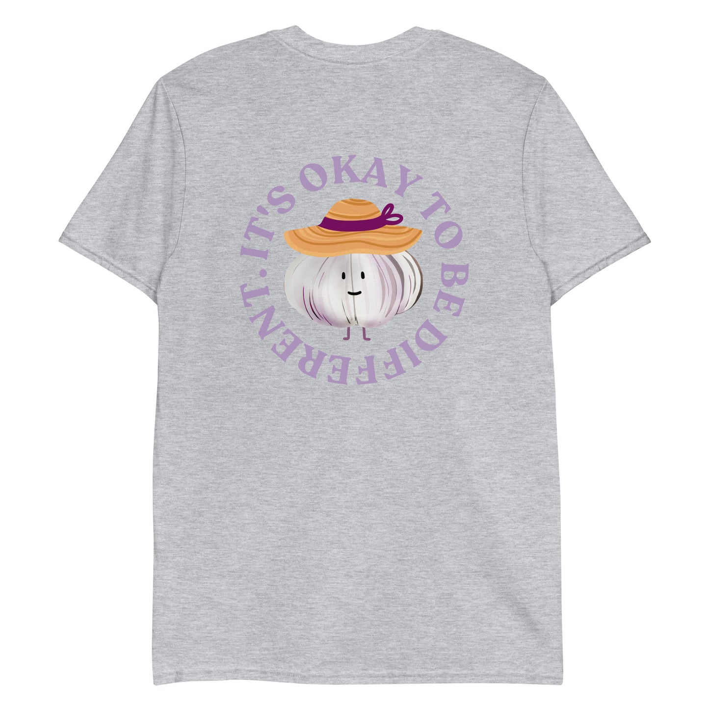 Light Gray It's Okay to Be Different T-Shirt with cute garlic character with a sun hat