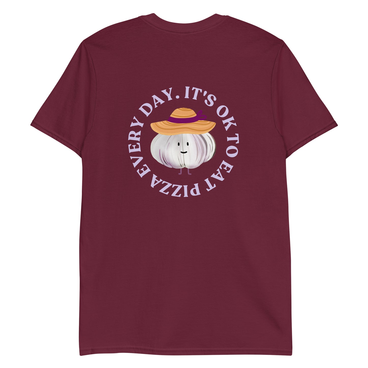 Maroon foodie t-shirt with garlic character wearing a sun hat and a pizza saying.