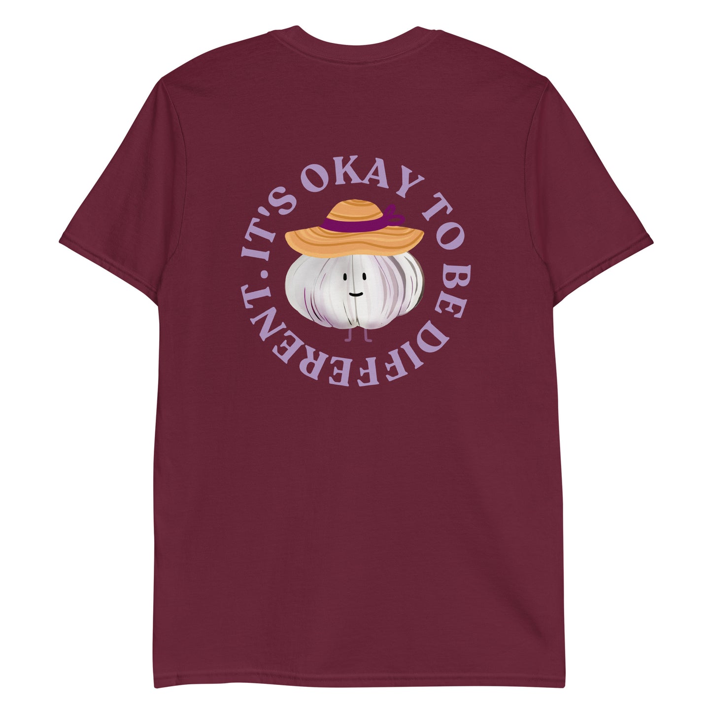 Maroon It's Okay to Be Different T-Shirt with cute garlic character with a sun hat