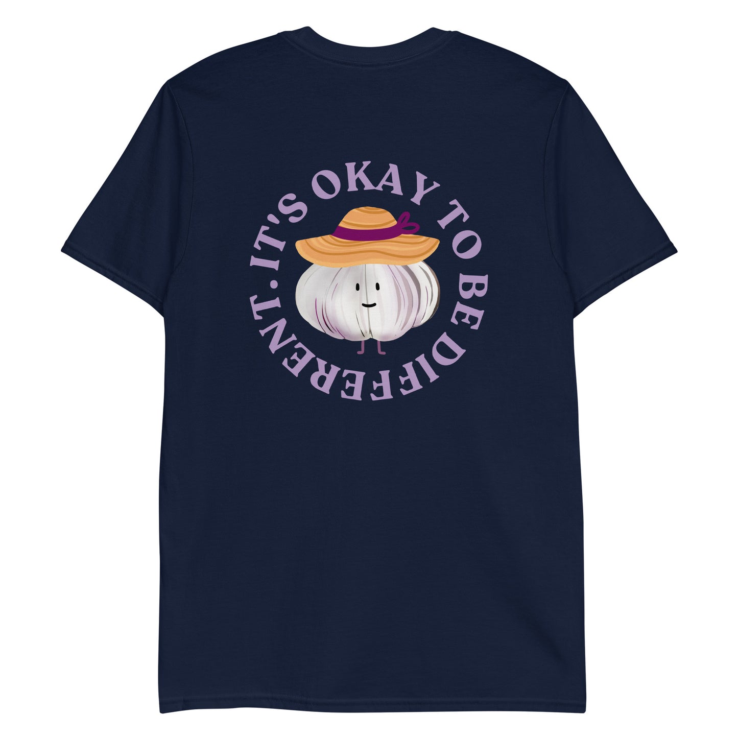 Navy It's Okay to Be Different T-Shirt with cute garlic character with a sun hat