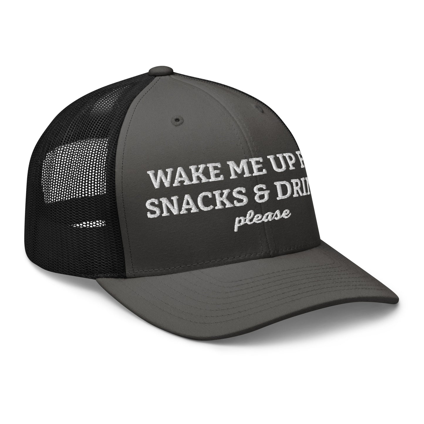Side view of the gray and black Wake Me Up For The Snacks And Drinks Please Hat