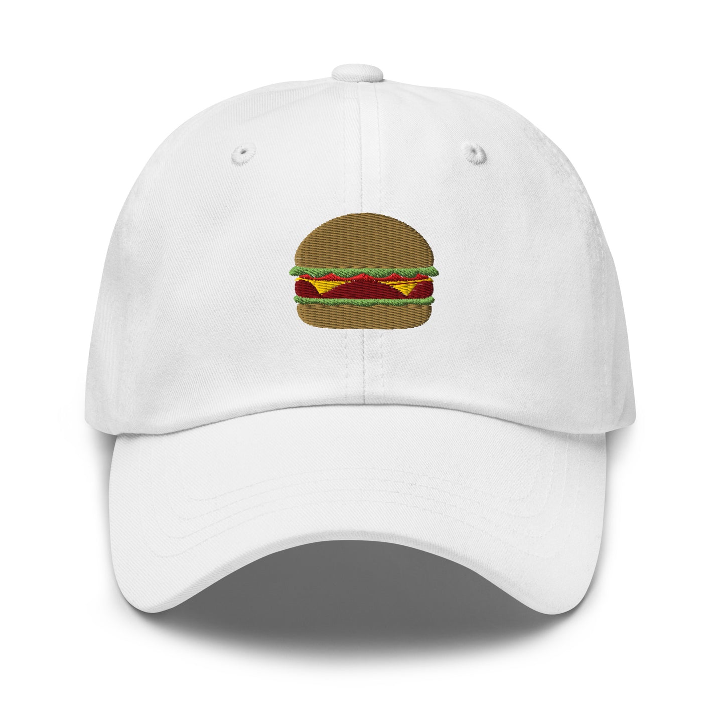 White embroidered burger hat