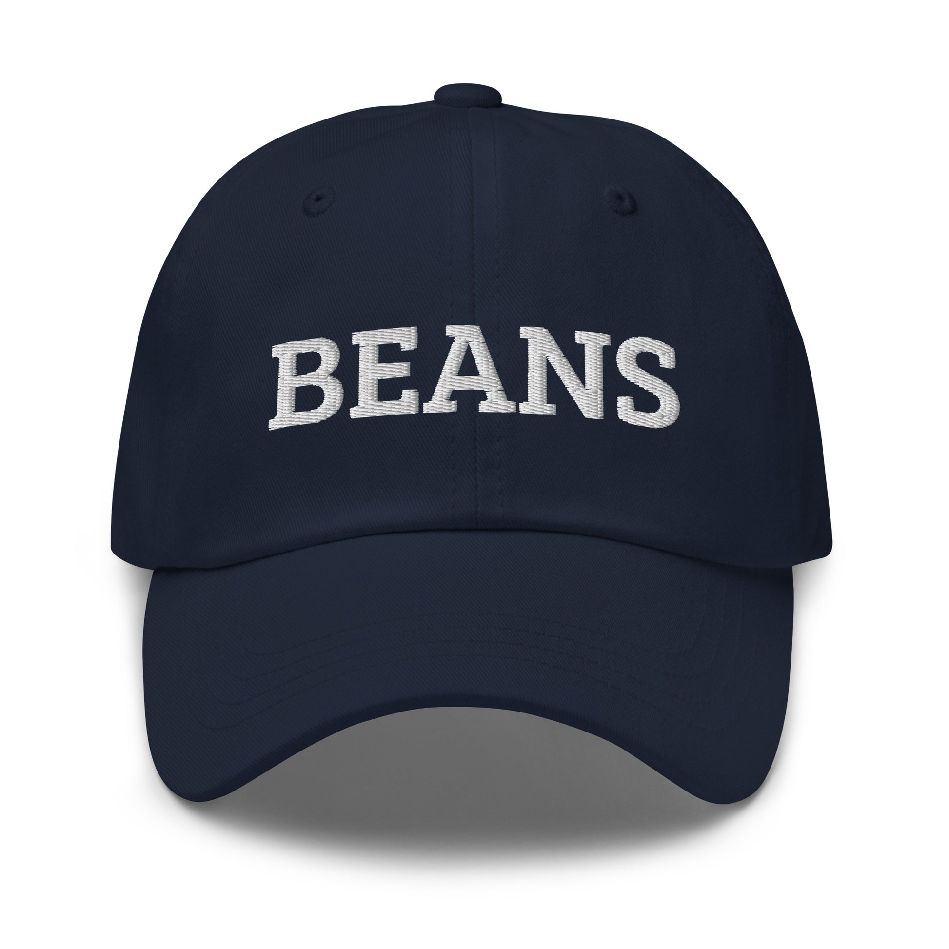 Navy blue Beans Dad Hat from Nina's Funky Shop by ninanush - Love beans? Looking for a funny foodie gift? This dad hat is not just for dads! Our Beans Hat is the best funny foodie hat and just what you need. This classic unisex dad hat has a low profile, adjustable strap, and a curved visor. Eat your favorite beans and add a little personality to your everyday funky style.