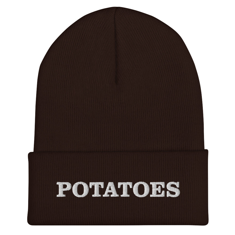 Brown Potatoes Beanie from Nina's Funky Shop by ninanush - Love potatoes? Looking for a funny foodie gift? Our Potato Beanie is warm, cozy and the perfect cold weather hat for potato enthusiasts. It comes in a variety of colors, expertly embroidered with "potatoes" across the front. Celebrate your favorite foods in our funky foodie apparel, designed by Nina and made just for you!