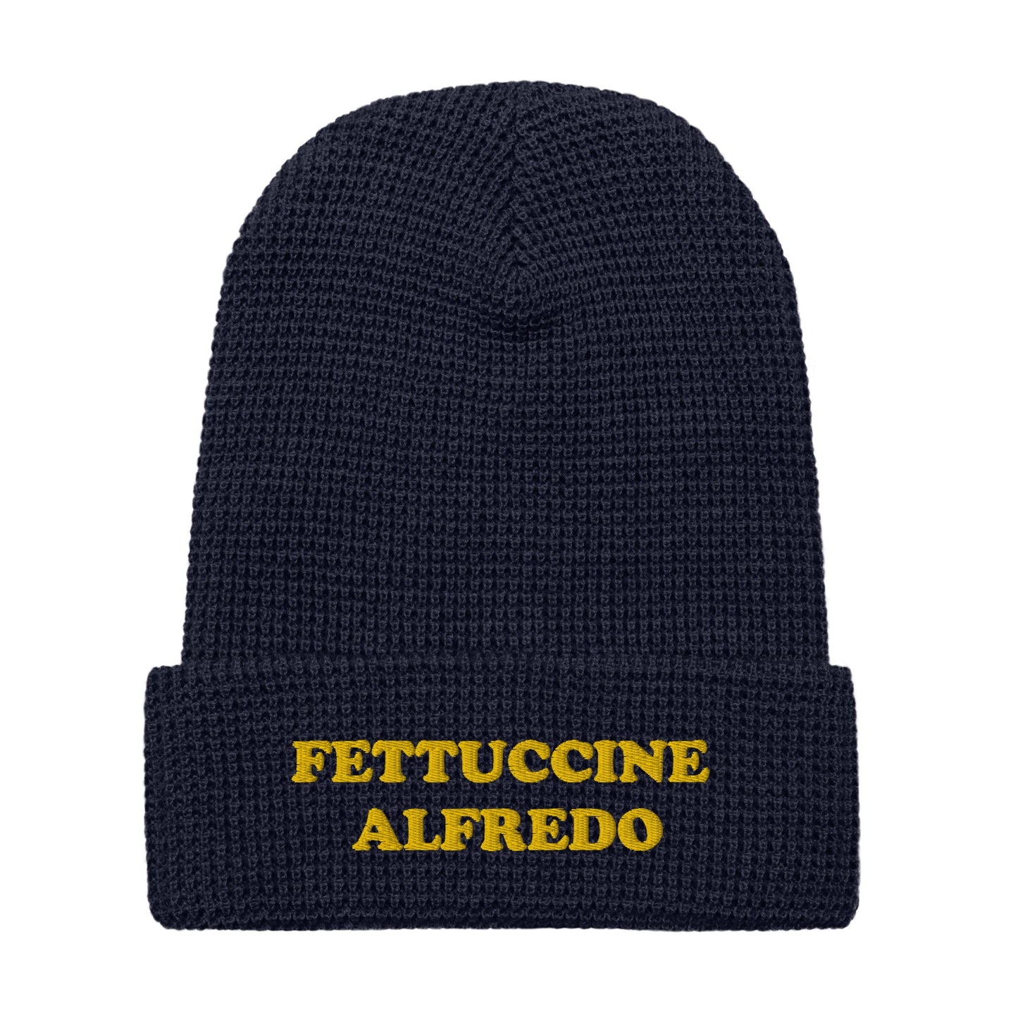 Fettuccine Alfredo Waffle Beanie - Yellow and Navy Embroidery - ninanush