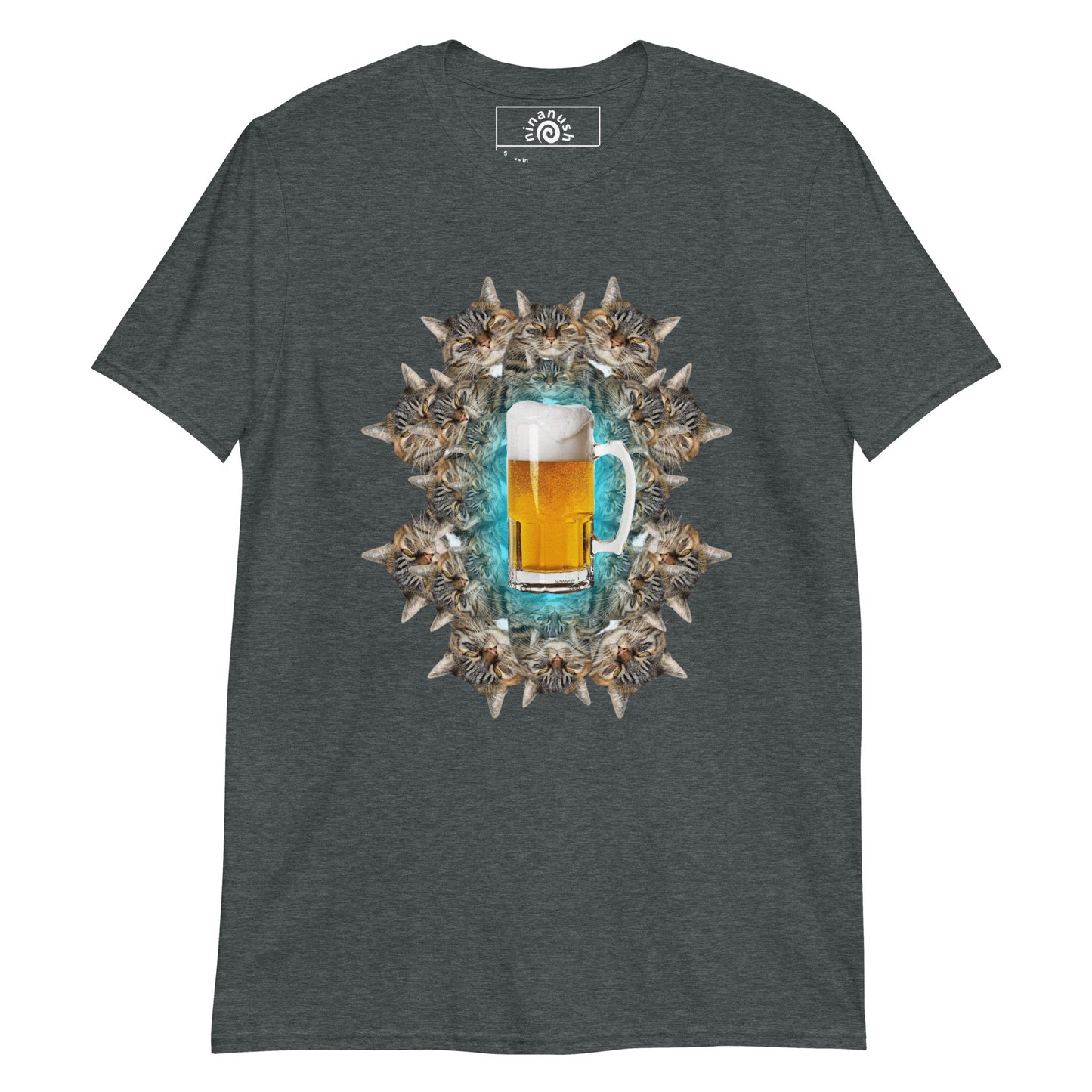 Dark gray beer and cats shirt from Nina's Funky Shop by ninanush - This cats and beer T-shirt has a funky cat design by Nina, expertly printed on the front. Add a little personality to your style in this funny cats and beer shirt. It's a colorful and weird graphic tee that's sure to turn heads. This quirky cat tee also makes a funny gift for a cat lover or beer enthusiast.