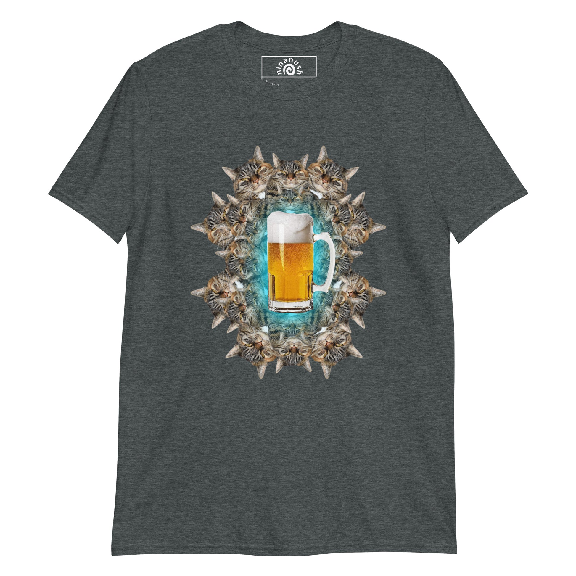 Dark gray beer and cats shirt from Nina's Funky Shop by ninanush - This cats and beer T-shirt has a funky cat design by Nina, expertly printed on the front. Add a little personality to your style in this funny cats and beer shirt. It's a colorful and weird graphic tee that's sure to turn heads. This quirky cat tee also makes a funny gift for a cat lover or beer enthusiast.