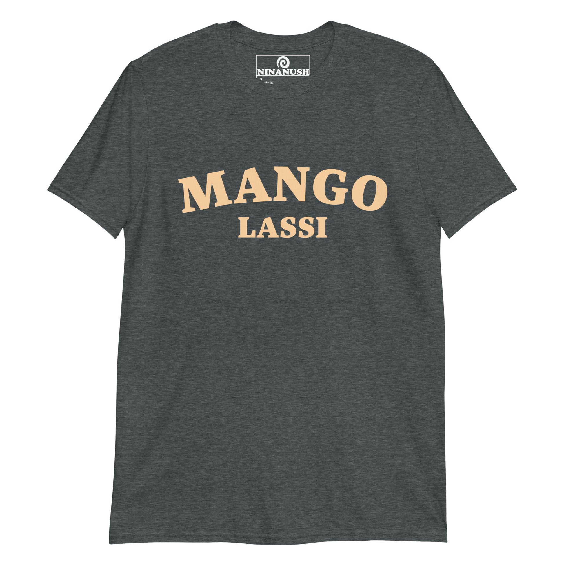 Dark gray Mango Lassi T-shirt from Nina's Funky Shop by ninanush - Mango Lassi 🔥 Do you love mango lassis? Looking for a unique foodie gift? Look no further! Our Mango Lassi T-shirt is just what you need. It's a college-style, crew neck foodie shirt for Indian food enthusiasts. If you love mago lassi, this funny food shirt was designed just for you. Celebrate your favorite foods and drinks in our funky foodie apparel, designed by Nina and made just for you.