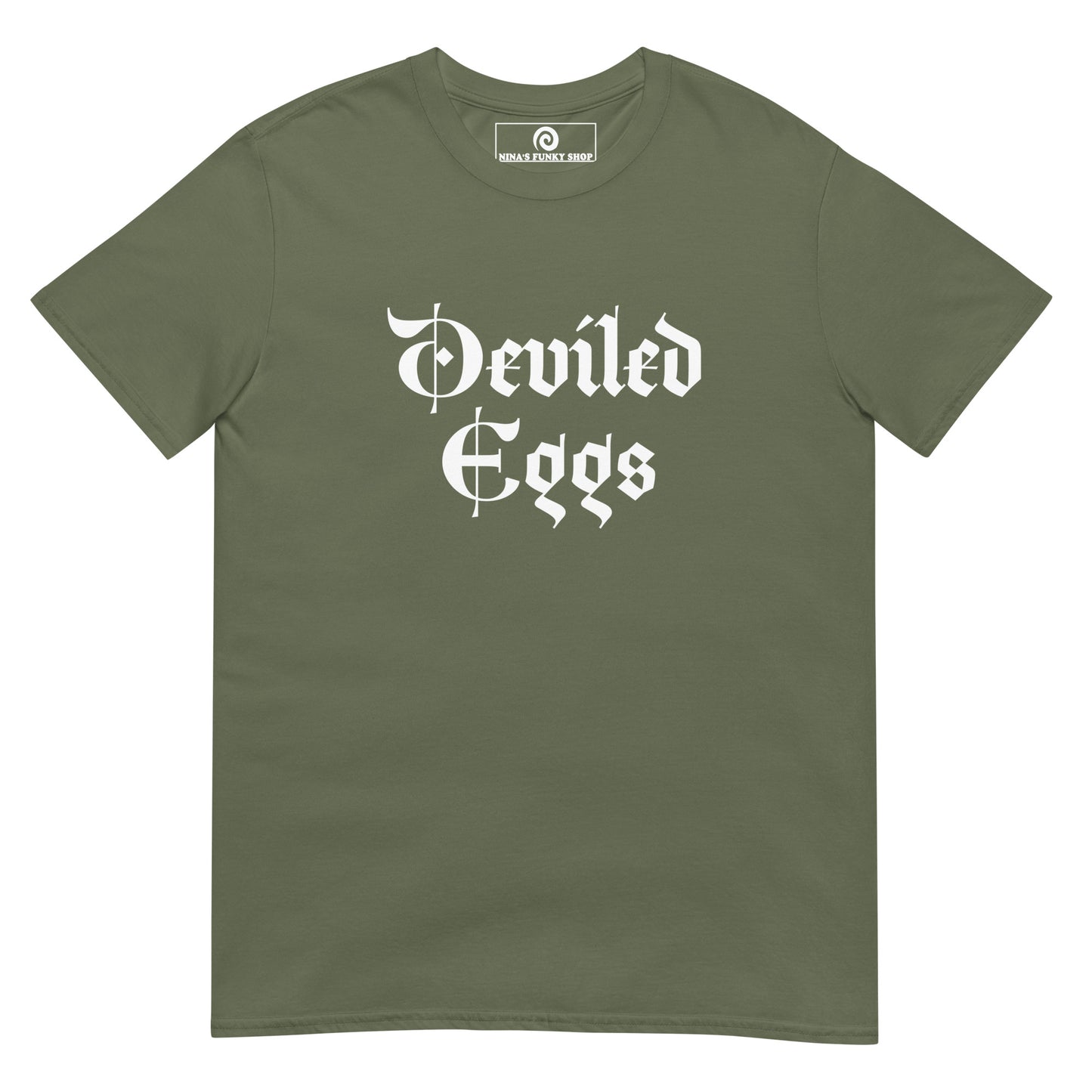 Green Deviled Eggs T-Shirt - Big fan of Deviled Eggs? Looking for a gift for a foodie? Our Deviled Eggs T-Shirt is soft, comfortable and made just for you. It's a funny t-shirt that comes in a variety of colors with "deviled eggs", expertly printed on the front. 
