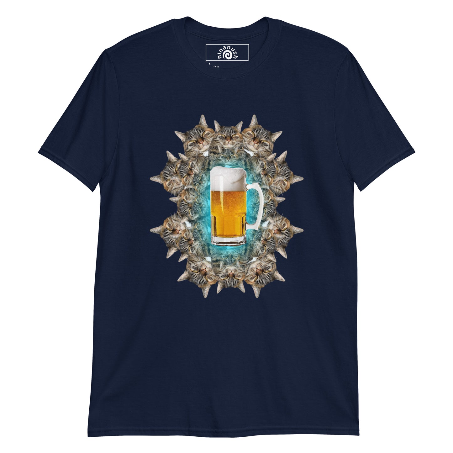 Navy beer and cats shirt from Nina's Funky Shop by ninanush - This cats and beer T-shirt has a funky cat design by Nina, expertly printed on the front. Add a little personality to your style in this funny cats and beer shirt. It's a colorful and weird graphic tee that's sure to turn heads. This quirky cat tee also makes a funny gift for a cat lover or beer enthusiast.