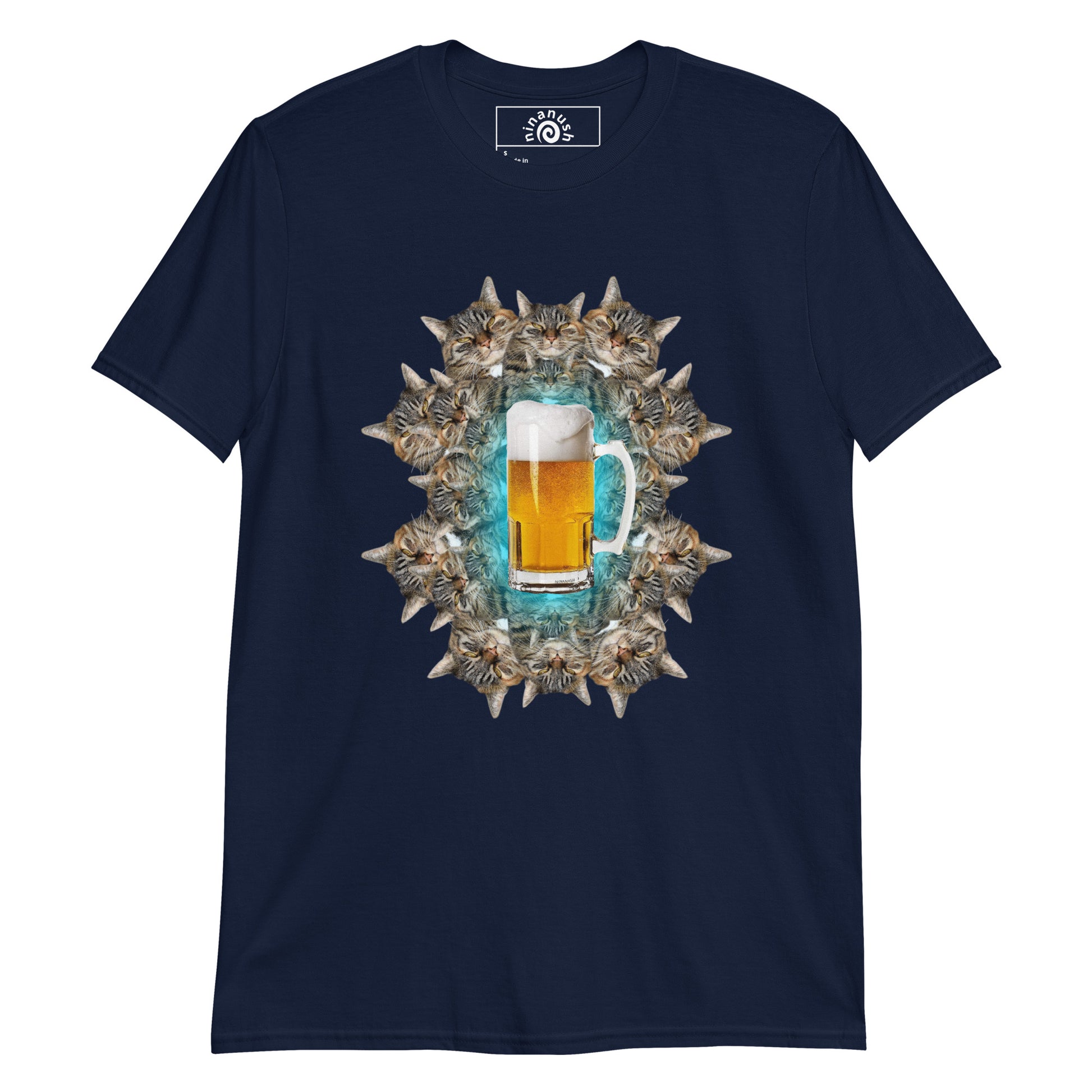 Navy beer and cats shirt from Nina's Funky Shop by ninanush - This cats and beer T-shirt has a funky cat design by Nina, expertly printed on the front. Add a little personality to your style in this funny cats and beer shirt. It's a colorful and weird graphic tee that's sure to turn heads. This quirky cat tee also makes a funny gift for a cat lover or beer enthusiast.